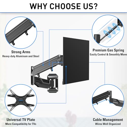 Image of MOUNTUP Height Adjustable TV Wall Mount for 26-55 Inch TVs, Spring Arm Full Motion Articulating TV Bracket Mount with Smooth Swivel Tilt & Safe Corner Installation, 400x400mm VESA, 11-66 lbs
