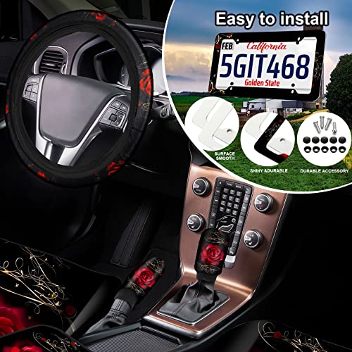 Moukeren 26 Pcs Red Rose Car Seat Covers Full Set Rubber Steering Wheel License Plate Frame Armrest Seatbelt Mirror Covers Rose Flower Car Accessories for Truck SUV