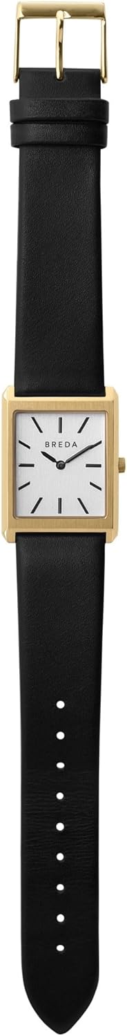 Breda Virgil Rectangle Watch, 18K Gold-Plated Case, Black Genuine Leather Band, Japanese Miyota Quartz Movement, Water-Resistant, 26mm