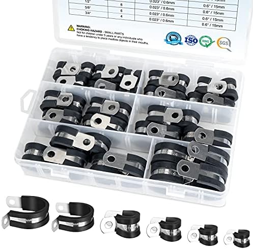 TICONN 42PCS Cable Clamps Set - Rubber Cushioned 304 Stainless Steel Hose Clamps Loop Clamps Pipe Clamps in 6 Sizes (42PCS combo, 1/4'' 5/16'' 3/8'' 1/2'' 5/8'' 3/4'')