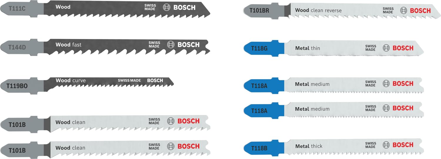 Bosch 10x Wood and Metal Jigsaw Blade Set, 10 pcs (for Softwood, Steel Sheets, x mm,)