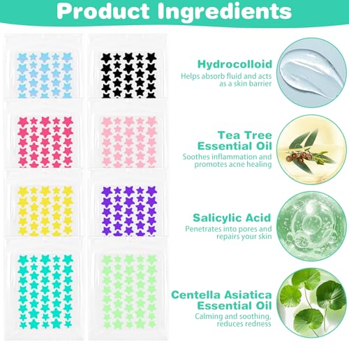 VMUTGA 320 Stück Pimple Patches, 3 Größen Pickel Patch Sterne mit Teebaumöl Salicylsäure Hydrokolloid Pflaster Anti Pickel Patches Wasserdichte Atmungsaktive Tag und Nacht Akne Patches (10/12/14 mm)