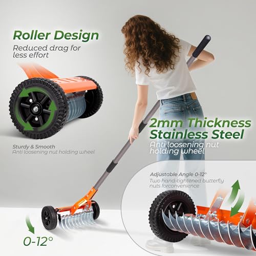Walensee Manual Lawn Dethatcher Rake with Wheels, Adjustable Handle - image 3