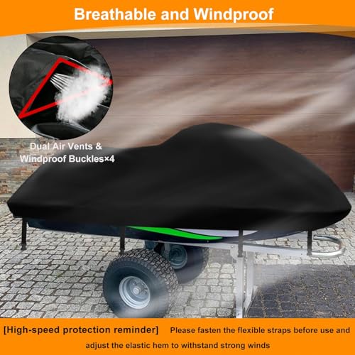 Jetski Covers Waterproof,Upgraded 420D Heavy Duty Jet Ski Personal Watercraft Cover,2 Air Vent Marine Grade UV Resistant for Seadoo,Kawasaki,Waverunner Polaris from 126\" to 135\"(Black) - Thumbnail 4