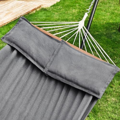 SONGMICS Hängematte, Outdoor, mit 2 Holzstangen, mit 2 Kissen, bis zu 300 kg belastbar, 210 x 150 cm, grau GDC022G01 6