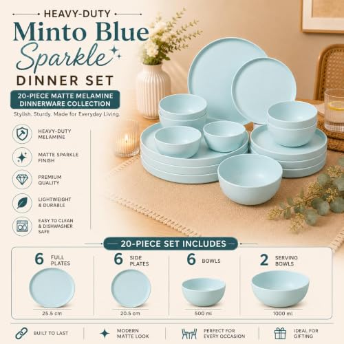 Image of MARKET 99 Heavy-Duty Round Minto Blue Sparkle Dinner Set | 20-Piece Matte Melamine Dinnerware Collection Includes 6 Full Plates, 6 Side Plates, 6 Bowls, & 2 Serving Bowls for Dining Table
