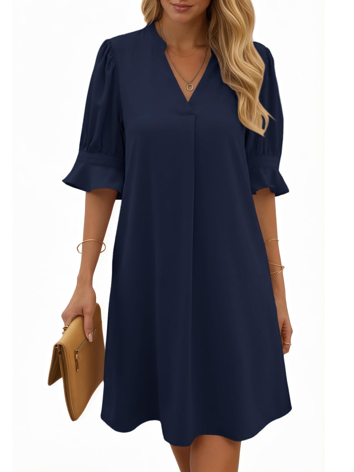 Cicy Bell Damen Sommerkleid Elegant Halbarm Hemdkleid V Ausschnitt Party Kleider Freizeitkleider Einfarbig Midikleid Casual A Linien Kurzes Kleid