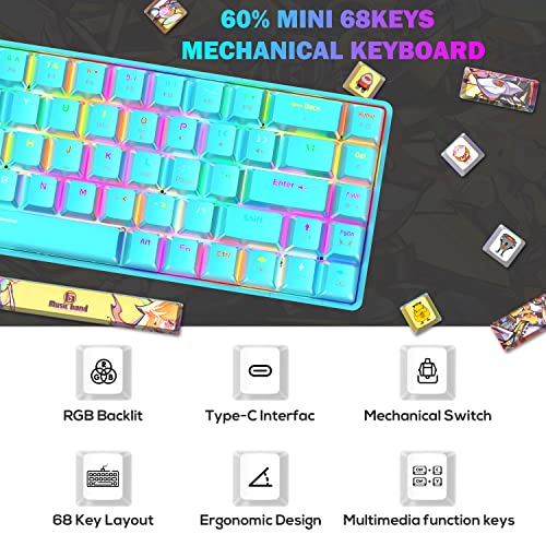 Image of Portable 60% Mechanical Gaming Keyboard 18 Chroma RGB Backlit Ultra-Compact 68 Keys Dye Sublimation PBT Ergonomic Full Keys Anti-ghosting Compatible with PS4,PS5,PC,Gamers,Typist(Blue /Blue Switch)