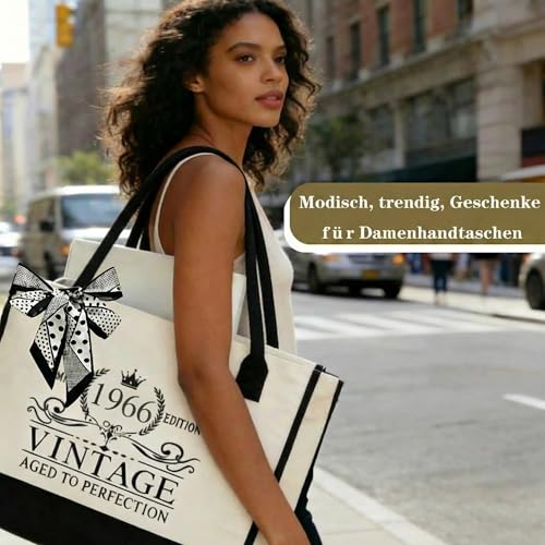 60 Geburtstag Geschenk Frau-Vintage 1966 Canvas Einkaufstasche Tragetasche, Kosmetiktasche Set & Grußkarte-60. Geburtstagsgeschenk für Mama, Kollegin Freundin, Schwester für Frauen