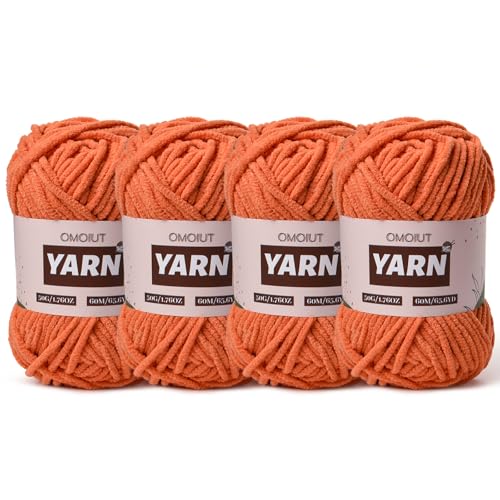 Image of 4 Packs Plush Chenille Chunky Crochet Yarn - Baby Yarn for Crocheting Soft - Velvet Yarns Knitting for Blankets Crafts - Fluffy Amigurumi Yarns 200g /262.5yds (4 Orange)