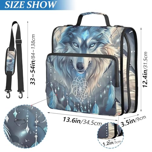 Image of 3 Ring Zipper Binder with Shoulder Strap Wolf Dream Catcher Wolves 1.5 inch Binders Keeper Large Capacity Multi Pockets for School Office Supplies
