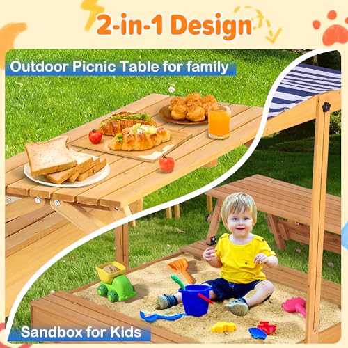 TITIMO Kids Wooden Sandbox with Adjustable Canopy, Large Sand Pit with Foldable Picnic Table, Outdoor Sand Box with Lid and Upgrade Retractable Roof, Children Outdoor Wooden Playset for Backyard