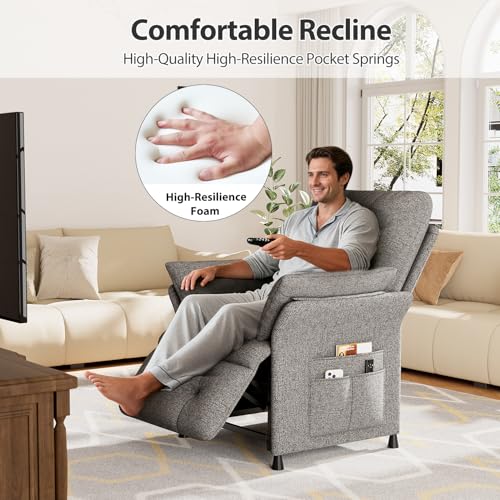 LegacyAmerhome Power Recliner Chair for Adults with Heated & Massage, Adjustable Electric Reclining Chair Sofa, Lazy Boy Single Sofa with Side Pockets for Home Theater Seating, Linen, Light Grey