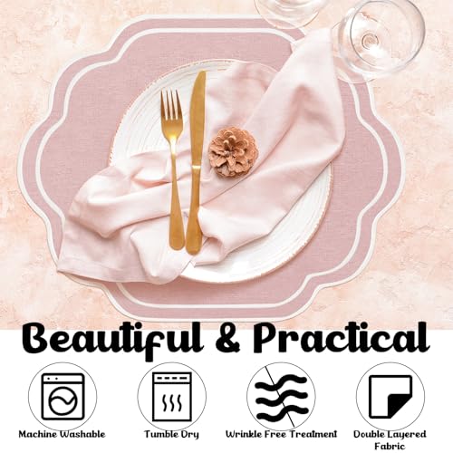Breling 6 Pcs Pink Wedding Placemats Scalloped Embroidered Cotton Linen Placemats 17" x 13" Double Layered Machine Washable Table Place Mat for Party Table Decor (Cotton) by Breling - Used condition - Image 6