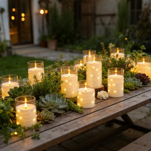 Image of kakoya Flameless LED Candles with Timer 12 Pc Flickering Flameless Candles for Romantic Ambiance and Home Decoration Stable Acrylic Shell,with Embedded Star String,Battery Operated Candles(White)