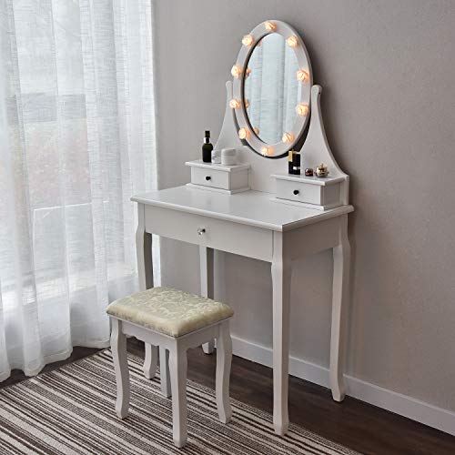 Makeup Vanity Table Set Mirror with LED Lights Dressing Table and Stool Set
