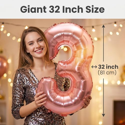 Image of YPSelected 32 Inch Large Foil Helium Number Balloon Birthday Wedding Party 0-9 (Rose Gold, 3)