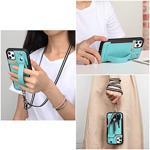 Toovren Iphone 11 Pro Case, Iphone 11 Pro Wallet Lanyard Neck Strap With Kickstand Leather Card Holder Adjustable Detachable Necklace, Phone Protective Back Cover For Iphone 11 Pro 5.8" 2019 Green #TOP3