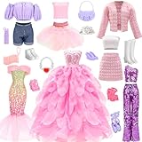 17 Pcs 11.5 Inch Dolls Fashion Pack 6 Set Clothing Includes Sequin Outfit Party Gown Chic Suits Stylish Dress Mermaid Dress 6 Pairs of Shoes 5 Accessories for Girl Dolls