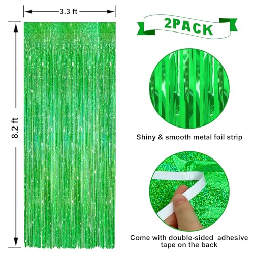 Image of 2 Pack Laser Dark Green Foil Fringe Curtains Streamers Party Decorations 3.3 x 8.2 ft, Tinsel Curtain Fringe Backdrop for Parties, Door Fringe Birthday Streamers, Photo Booth Backdrops, Party Decor