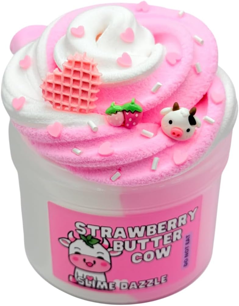 Strawberry Butter Cow Slime 8 oz – Soft Pink & White Butter Snow Scented – Includes Cow & Strawberry Charms + Sprinkles – Beginner-Friendly Non-Sticky Sensory Toy Made in USA