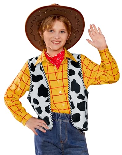 Halloween Kids Boys 3Pcs Yellow Plaid Button Up Cowboys Shirt Wody Cowboys Cow Print Vest Red Bandana Set 10 Years