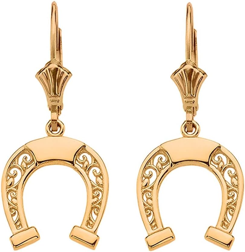 10K or 14K Yellow Gold Horseshoe Filigree-Style Dangle Leverback Earrings