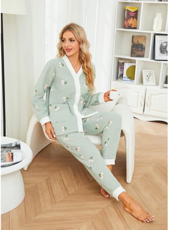 Womens Fuzzy Plush Pajama Set, Soft Warm Fleece Pajama for Women Cute Long Embroidered 2 Piece Sleepwears - Image 5
