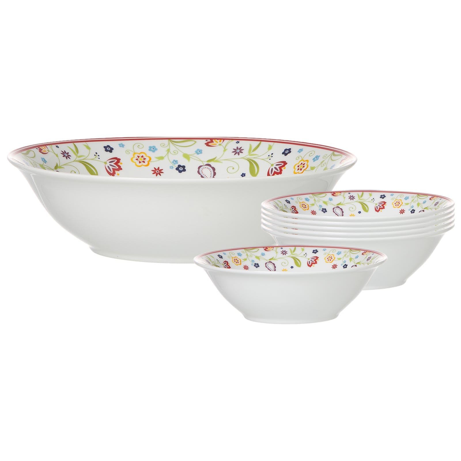 Ritzenhoff & Breker Shanti Salatschalen-Set 7-teilig, Große Salatschüssel ø 23 cm und kleine Salatschälchen ø 14,5 cm mit Blümchen Dekor, Salat-Servier-Set für 6 Personen