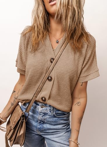 Image of Dokotoo Womens Summer Tops 2026 Waffle Knit Button Down Shirts | Trendy,V Neck,Loose Fit,Jacket,Short Sleeve,Summer Cardigan,Cropped,Shacket,Going Out Outfits,Dressy
