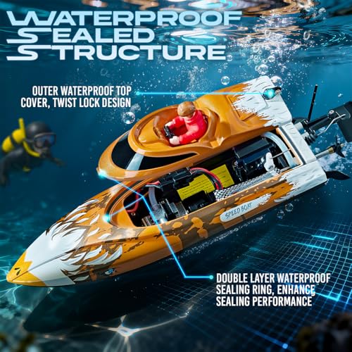 BEZGAR RC Boat, 12 inch Self-Righting Remote Control Boat for Kids and Adults, 25 KPH Fast RC Speed Boats with 700mAh Battery, Ideal Waterproof Toy for Lakes & Pools - HJ822 Brown