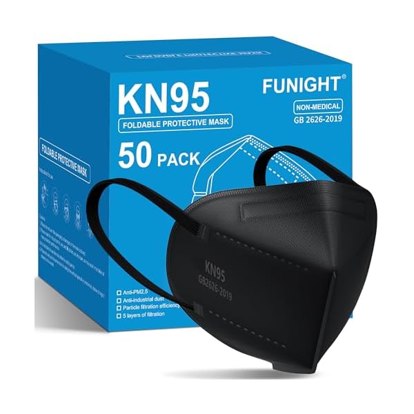 Funight KN95 Face Masks 50 Pack 5-Ply Breathable Filter Disposable Face Masks Black