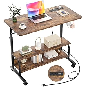 Height Adjustable Standing Desk with Power Outlets, 32″ Manual Stand Up Desk with Storage Shelves Small Mobile Rolling Computer Desk Portable Laptop Table with Wheels for Home Office, Rustic