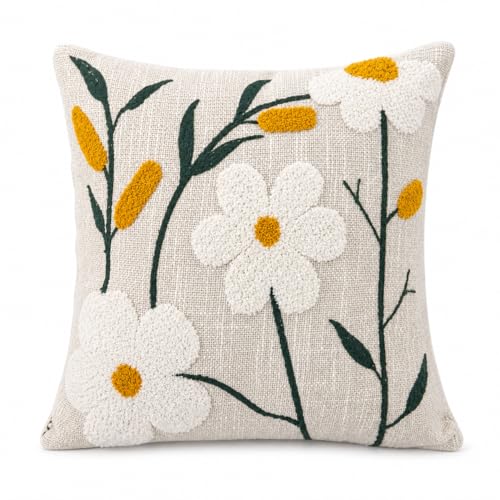 Image of Prista Hand Embroidered Cushion Covers Set of 2 | Minimal White Floral Tufted Design | 16x16 Inch Boho Sofa Covers | Cotton | 40 cm x 40 cm | Hidden Zipper | Living Room Bedroom Decor (Minimal Floral)