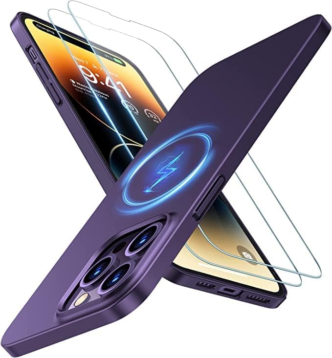 TORRAS Invisible Magnetic Ultra Thin iPhone 14 Pro Case For Magsafe [20W Super Magnetic] [Thin as No Case] Compatible with MagSafe Slim Hard Matte iPhone 14 Pro Case and Screen Protector Cover Purple