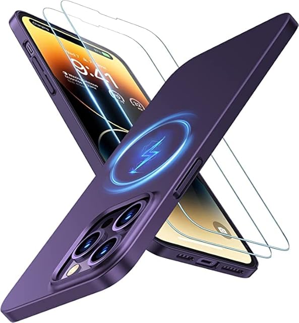 TORRAS Invisible Magnetic Ultra Thin iPhone 14 Pro Case For Magsafe [20W Super Magnetic] [Thin as No Case] Compatible with MagSafe Slim Hard Matte iPhone 14 Pro Case and Screen Protector Cover Purple