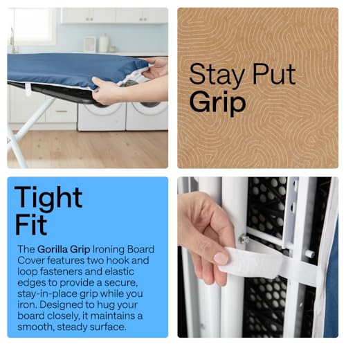Image of GORILLA GRIP Ironing Board Cover, Silicone Coating, 400F Scorch and Stain Resistant with Thick Padding, Fits Over Standard Size Boards, Heavy Duty Hook and Loop Fastener Strap, Navy 15x54