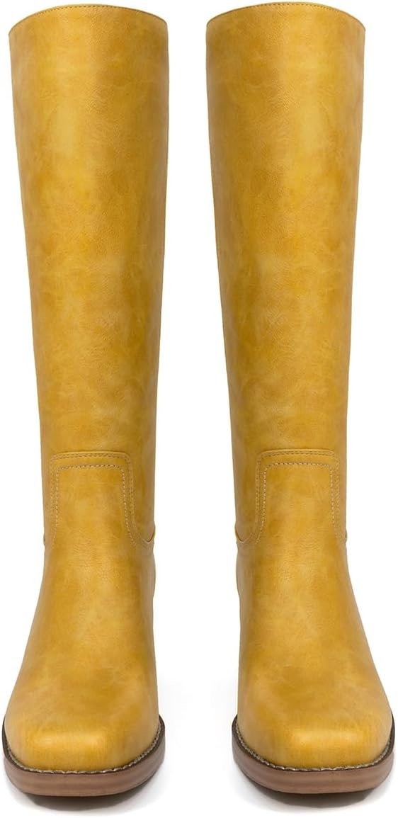 Banana Knee High Boots for Women Square Toe Platform Boots Chunky Block Heel Long Boots Tall Wide Calf Boots Pull on Campus Boots for Women - Image 7