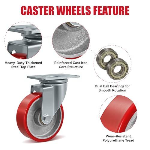 CWfutureparts 4\" Industrial Heavy Duty Casters Set of 4, Polyurethane on Cast Iron Caster Wheels, 4 Swivel, 1800 lbs Capacity, for Cart, Workbench, Toolbox, Equipment - Thumbnail 3