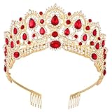 Tiara,Vofler Gold Crown Baroque Vintage Retro Headband Crystal Red Rhinestone Ruby Hair Jewelry Decor for Women Queen Ladies Girls Bridal Bride Princess Birthday Wedding Pageant Party with Combs