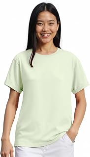 Bewakoof Women's Solid Cotton T-Shirt Boyfriend Fit, Round Neck, Half Sleeve_581053_Green_S Price In India