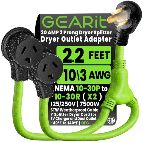 GEARit 3 Prong Dryer Plug Splitter 30 Amp NEMA 10-30P to (2) 10-30R Dryer Outlet Adapter 240V 10 AWG STW Y Splitter Dryer Cord for EV Charger and Dual Outlet 2.2 Ft
