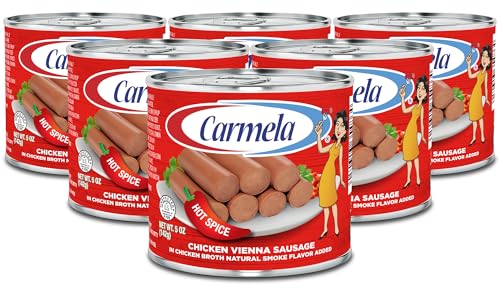 Carmela Hot Chicken Vienna Sausage & Bouillon – Puerto Rican Style Spicy Chicken Sausage in Broth with Natural Smoke Flavor – Ready to Eat, 5 oz Can (Pack of 6)