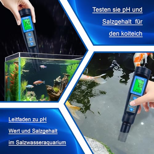 Salzwasser Pool Messgerät Digital 5 in 1 pH/TDS/EC/Salzgehalt/Termometer pH Wert Messgerät mit LCD-Display,Automatischer Temperatur Kompensations pH Tester und Wassertester Ideal für Pool,Trinkwasser