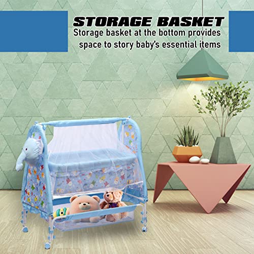 Image of Funbaby New Born Baby Swing Cradle Crib Jhula with Mattress Pillow Adjustable Height and Mosquito Net Bassinet & Wheels (Elephant Blue)