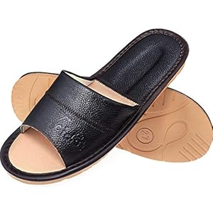 Leather Slippers, Open Toes Indoor Slippers Leather Splicing Sandals Casual House Shoes Bedroom Slippers Office Slippers Gift for Mens Womens