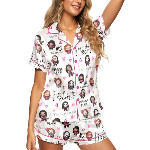 Image of Women 2 Pcs Short Satin Pajama Set Printed Silky Soft Loungewear | Luxurious silk-feel satin; comfortable relaxed fit for sleep & lounge; elastic waistband shorts; gift, easy care