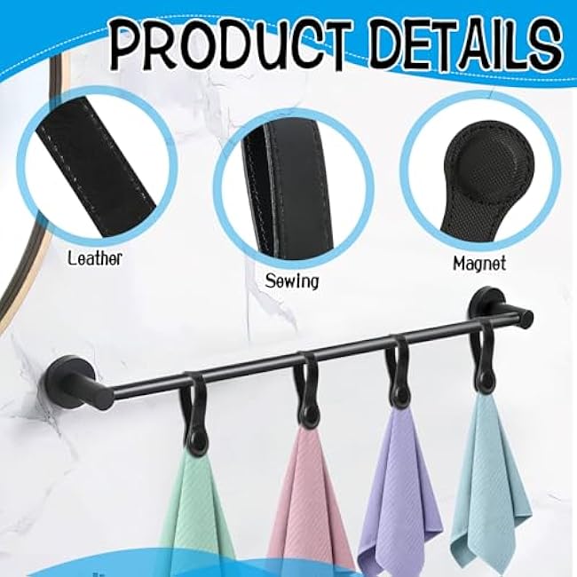 4 PCS Genuine Leather Towel Clips for Kitchen, Magnetic Hand Clips, Towel Holder with Magnet for Rods and Racks, Bathroom Accessory (Black)