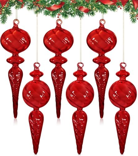 6PCS 9-Inch Hand-Blown Glass Finial Christmas Tree Hanging Orname...