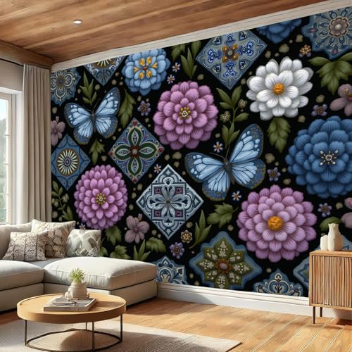 Papier peint panoramique patchwork rétro avec fleurs et papillon bleu - 4